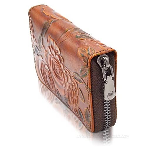 RFID Blocking Credit Card Holder for Women - Leather Zipper Card Case Minimalist Accordion Wallet Hand-Painted Color