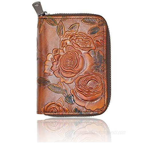 RFID Blocking Credit Card Holder for Women - Leather Zipper Card Case Minimalist Accordion Wallet Hand-Painted Color