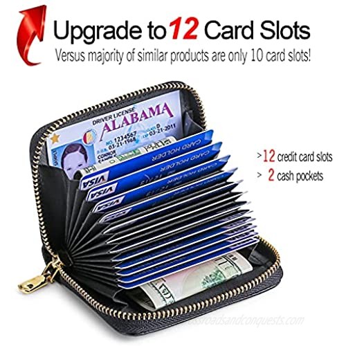 RFID Credit Card Holder Small Leather Zipper Card Case Wallet for Women with Removable Keychain (Black)