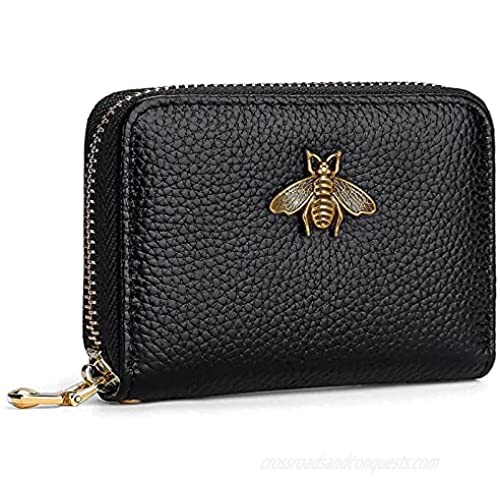 RFID Credit Card Holder  Small Leather Zipper Card Case Wallet for Women with Removable Keychain (Black)
