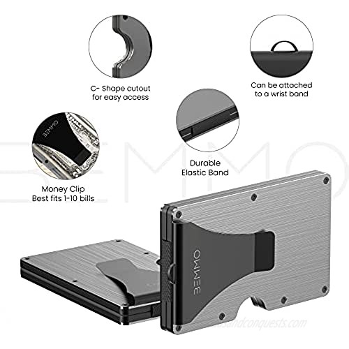 Slim minimalist Credit Card wallet with Money Clip aluminum metal holder RFID Blocking carbon fiber with wristlet strap Great Gift Idea (brushed gray)
