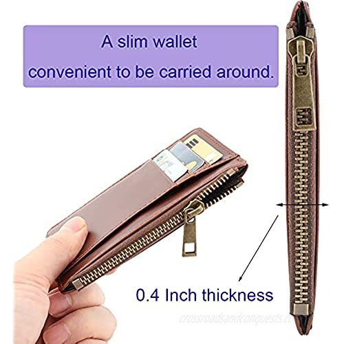 Slim Minimalist Wallet Genuine Leather Small Zip Card Cases Front Pocket Thin Wallets Credit Card Holder for Men & Women