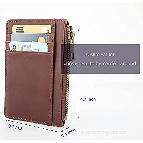 Slim Minimalist Wallet Genuine Leather Small Zip Card Cases Front Pocket Thin Wallets Credit Card Holder for Men & Women