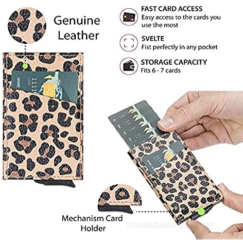 Women Card Holder Pop Up Wallet RFID Blocking Minimalist Wallets Leather Slim Credit card holder Automatic smart wallets for Women Leopard