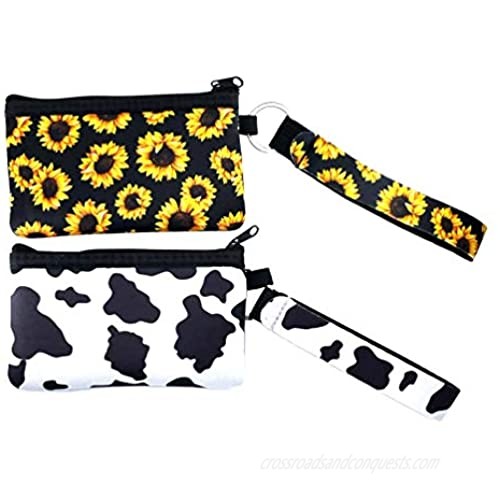 CalorMixs Women's Two Packs ID Case Zipper Wallet Card Holder Pocket Key Coin Pouch Keychain Purse Print Cow Sunflowers (Cow+Sunflowers)
