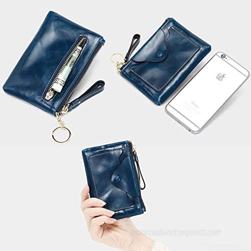 Coin Purse Wallet Mens Mini Dual Keyrings Change Pouch Card Holder-Small Top Zip Signature Coin Pouch ID Card Case-Leather Travel Wallet (BLACK)