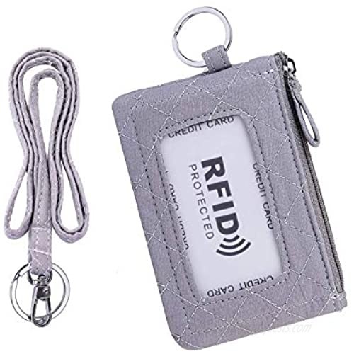 Iconic Zip ID Case Card Holder for Women Signature Cotton Coin Purse with Id Window RFID Blocking Change Pouch with Key Chain(GREY)