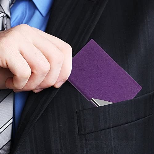 2 PCS Business Name Card Cases Stainless Steel & PU Leather Card Holder SENHAI Square Metal ID Wallets for Men & Women with Magnet Shut - Black & Purple