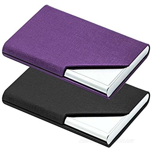 2 PCS Business Name Card Cases Stainless Steel & PU Leather Card Holder SENHAI Square Metal ID Wallets for Men & Women with Magnet Shut - Black & Purple