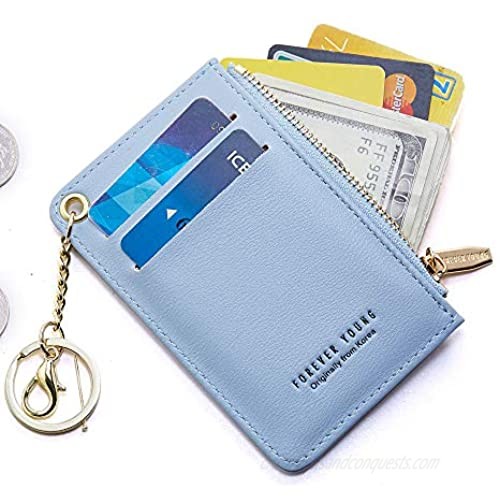 CYANB Small Wallets for Women Slim Leather Card Case Holder Wallet Coin Change Purse with Keychain Blue
