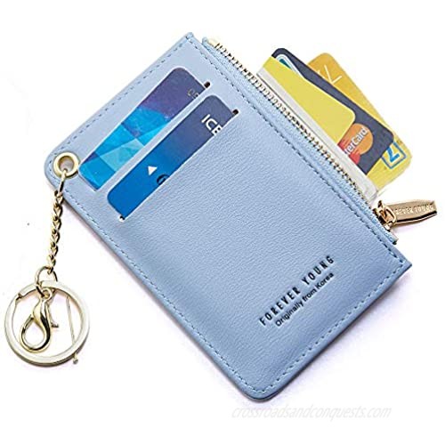 CYANB Small Wallets for Women Slim Leather Card Case Holder Wallet Coin Change Purse with Keychain Blue
