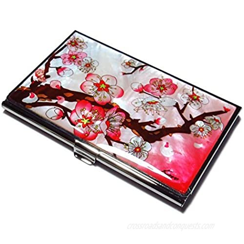 MADDesign Mother of Pearl Business Card Case Id Holder Metal Travel Wallet Apricot Tree Pink
