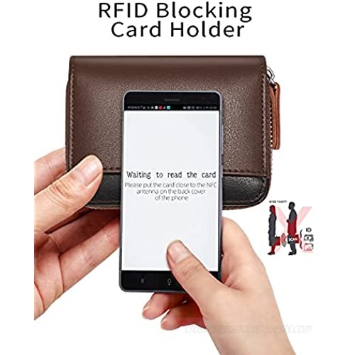 NewBring RFID Card Holder Soft Leather Zipper Wallet Small Card Organizer (Brown （18 card slots & 2 ID window）)
