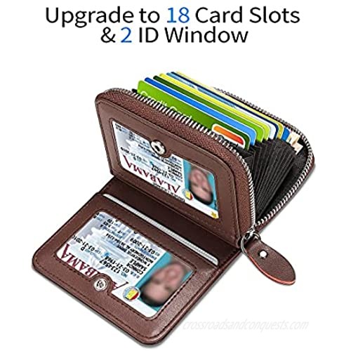 NewBring RFID Card Holder Soft Leather Zipper Wallet Small Card Organizer (Brown （18 card slots & 2 ID window）)
