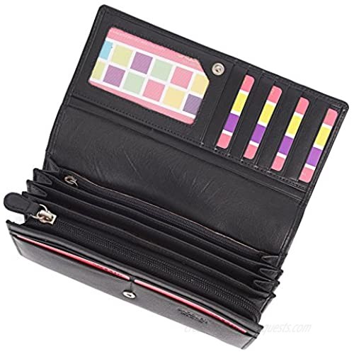 SADDLER Womens Large Luxurious Leather Multi Section Credit Card Clutch Purse RFID Protected Wallet | Designer Purse with Triple Zip Pocket for Ladies | Gift Boxed - Black