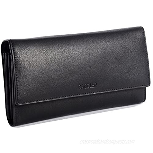 SADDLER Womens Large Luxurious Leather Multi Section Credit Card Clutch Purse RFID Protected Wallet | Designer Purse with Triple Zip Pocket for Ladies | Gift Boxed - Black