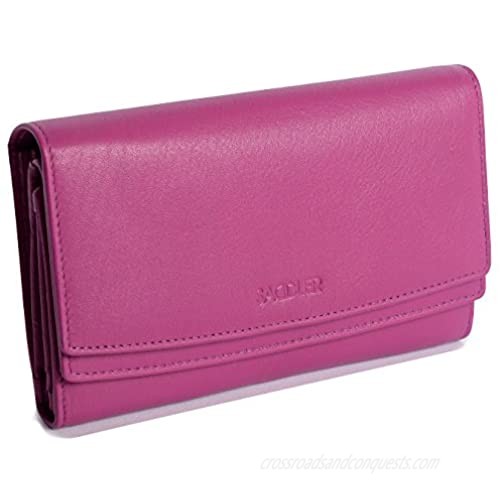 SADDLER Womens Luxurious Leather Large Multi Section Purse Wallet Clutch | Ladies Designer High Capacity Credit Card Holder with Coin Purses | Gift Boxed - Magenta