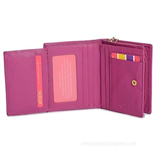 SADDLER Womens Real Leather Multi Credit Card Purse Wallet with Zip Coin Pocket - Fuchsia