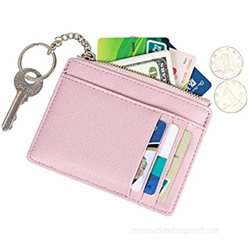 Women Slim Leather Card Case Holder Small Wallet Cute Coin Purse Girl Mini Wallet with Keychain (Pink)