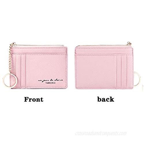 Women Slim Leather Card Case Holder Small Wallet Cute Coin Purse Girl Mini Wallet with Keychain (Pink)