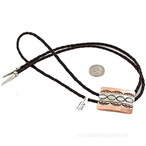 $240Tag Certified Leather Navajo Copper Nickel Native American Bolo Tie 24489-4 Made by Loma Siiva