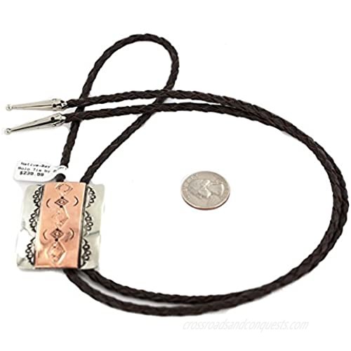 $240Tag Certified Navajo Leather Copper Nickel Native American Bolo Tie 24489-2 Made by Loma Siiva