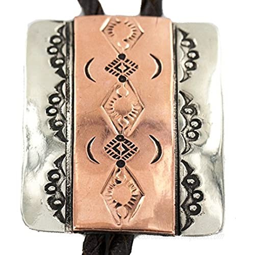 $240Tag Certified Navajo Leather Copper Nickel Native American Bolo Tie 24489-2 Made by Loma Siiva