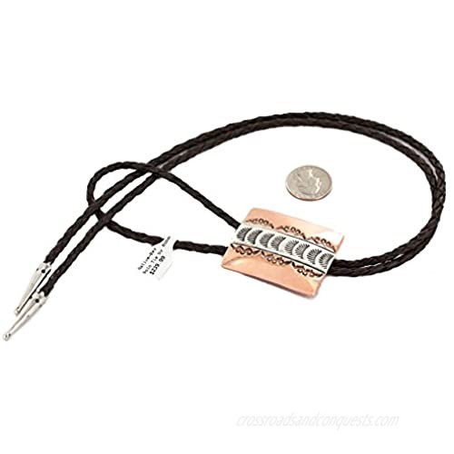 $240Tag Certified Navajo Leather Copper Nickel Native American Bolo Tie 24489-3 Made by Loma Siiva