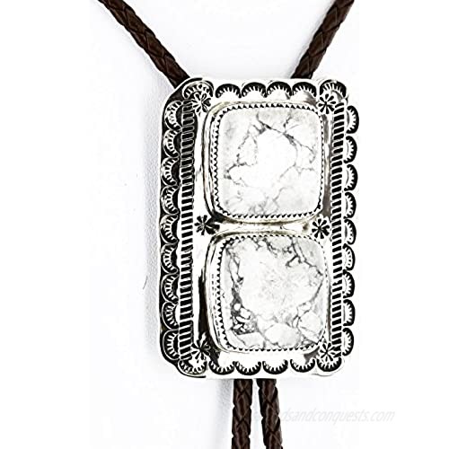 $250Tag Certified Navajo Nickel Natural White Buffalo Native Bolo Tie 24393-5 Made by Loma Siiva