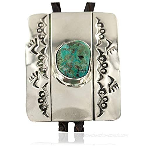 $300Tag Certified Bear Paw Navajo Leather Nickel Mountain Turquoise Bolo Tie 24487 Made by Loma Siiva