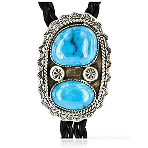 $580Tag Certified Silver Navajo Natural Turquoise Native American Bolo Tie 24382 Made by Loma Siiva