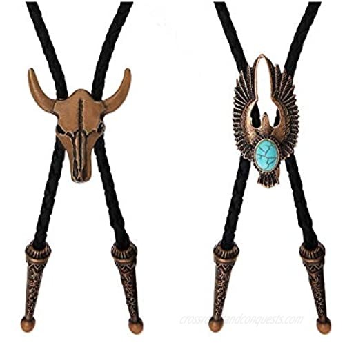 Creative-Idea 2Pcs Bolo Necktie Bootlace Cowboy Tie Set 39Inches Leather Rope Cow Skull and Eagle Inlaid Stone Design Western Rodeo Theme Copper Color