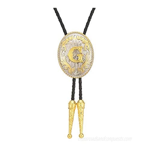 Fahion Western Cowboy Tie Initial Letter A in Round Flower Cowboy with Leather Rope Bolo Tie