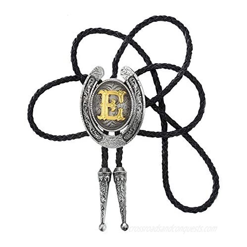 Fashion Cowboy Western Tie Gold Initial A to Z Cowboy Bolo Tie with Silver Grey Horseshoe Pattern Edging