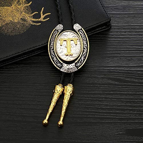 Fashion Cowboy Western Tie Gold Initial A to Z Cowboy Bolo Tie with Silver Horseshoe Pattern Edging