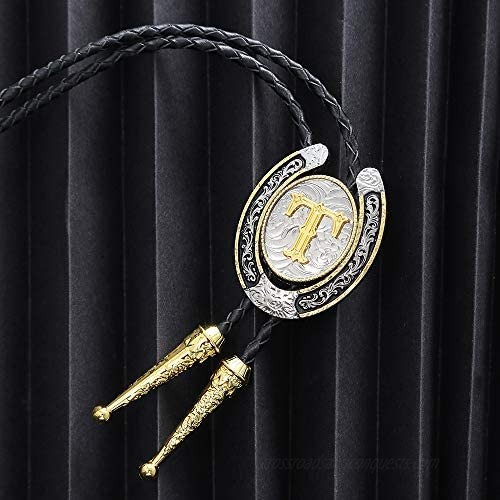 Fashion Cowboy Western Tie Gold Initial A to Z Cowboy Bolo Tie with Silver Horseshoe Pattern Edging
