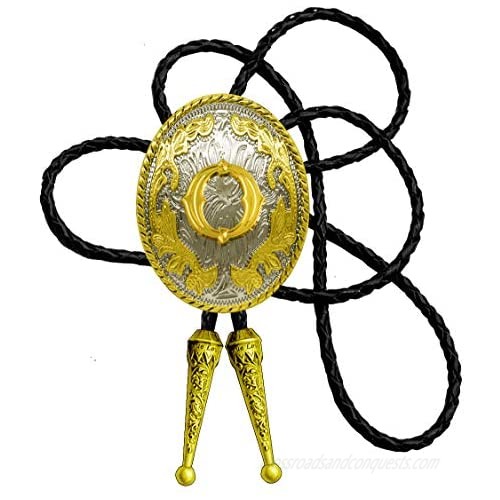 Golden Western Bolo Tie Initial Letter A to Z in Round Flower Cowboy with Cowhide Rope Necktie