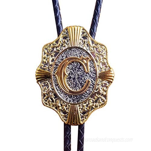 Guboss Bolo tie With Golden Initials Letters A-Z Cowboy Western Style Necktie