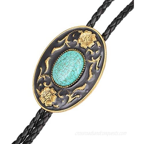 HIMONGOO Gold Flower Turquoise BOLO Tie for Women Bridegroom Wedding Necklace Vintage Western Cowboy