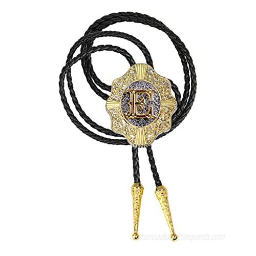 Moranse Upgrate Bolo Tie Golden Initial Letter A to Z In Western Cowboy Horseshoe Style with Cowhide Rope Necktie 