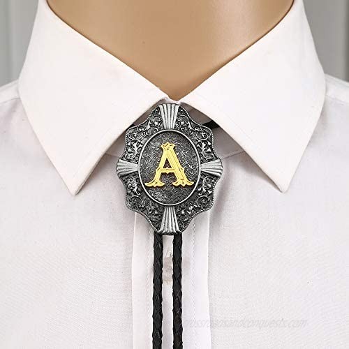 KDG Aalphabet Letter Western Bolo String Tie Initial Letters A-Z Bolo Tie Gold Background for Men for Women necktie