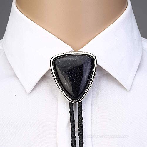 KDG Nature Agate Triangle Shape Bolo Tie For Men Western Cowboy Celtic Black Stone Necktie