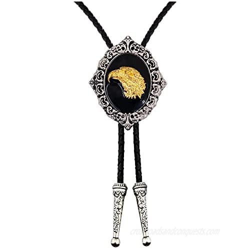 Lanxy Vintage Cool Masculine Western Cowboy Golden Bull Eagle Horse Deer Elk Bolo Tie For Men Black Enamel Grey Tone