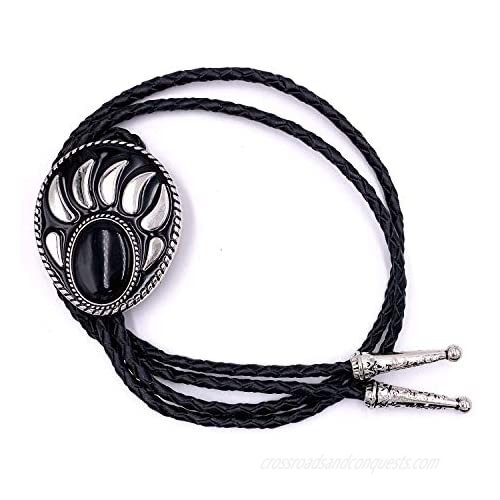 Lanxy Vintage Native American Black Stone Bolo Tie For Men Western Cowboy Genuine Leather Rope