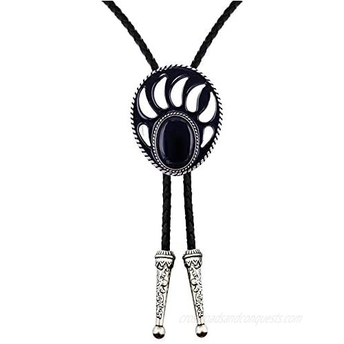 Lanxy Vintage Native American Black Stone Bolo Tie For Men Western Cowboy Genuine Leather Rope