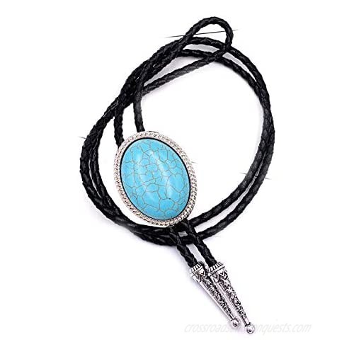 Lanxy Vintage Native American Celtic Turquoise Stone Bolo Tie For Men Western Cowboy Genuine Leather Rope