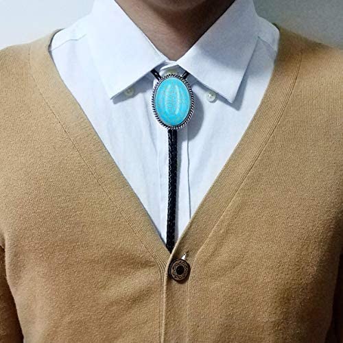 Lanxy Vintage Native American Celtic Turquoise Stone Bolo Tie For Men Western Cowboy Genuine Leather Rope