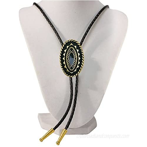 Men's Western Bolo Tie Gold Tone Plated Special Oval with Black Leatherette - 18 inch hang