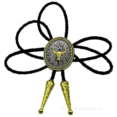 Moranse Bolo Tie Golden Bull Head Western Cowboy Oval Medal Style with Cowhide Rope Necktie
