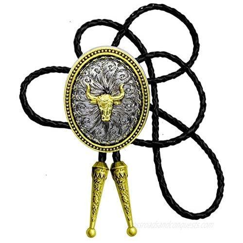 Moranse Bolo Tie Golden Bull Head Western Cowboy Oval Medal Style with Cowhide Rope Necktie